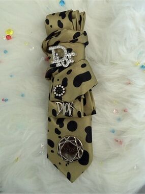 Dior Olive Green Silk Tie with Black Animal Spots and Logo Pins